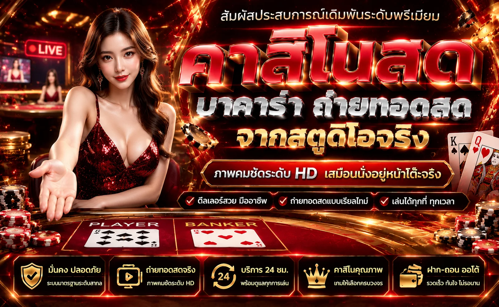 M4JR คาสิโนออนไลน์สด บาคาร่า รูเล็ต ไฮโล ดีลเลอร์สาวถ่ายทอดสด